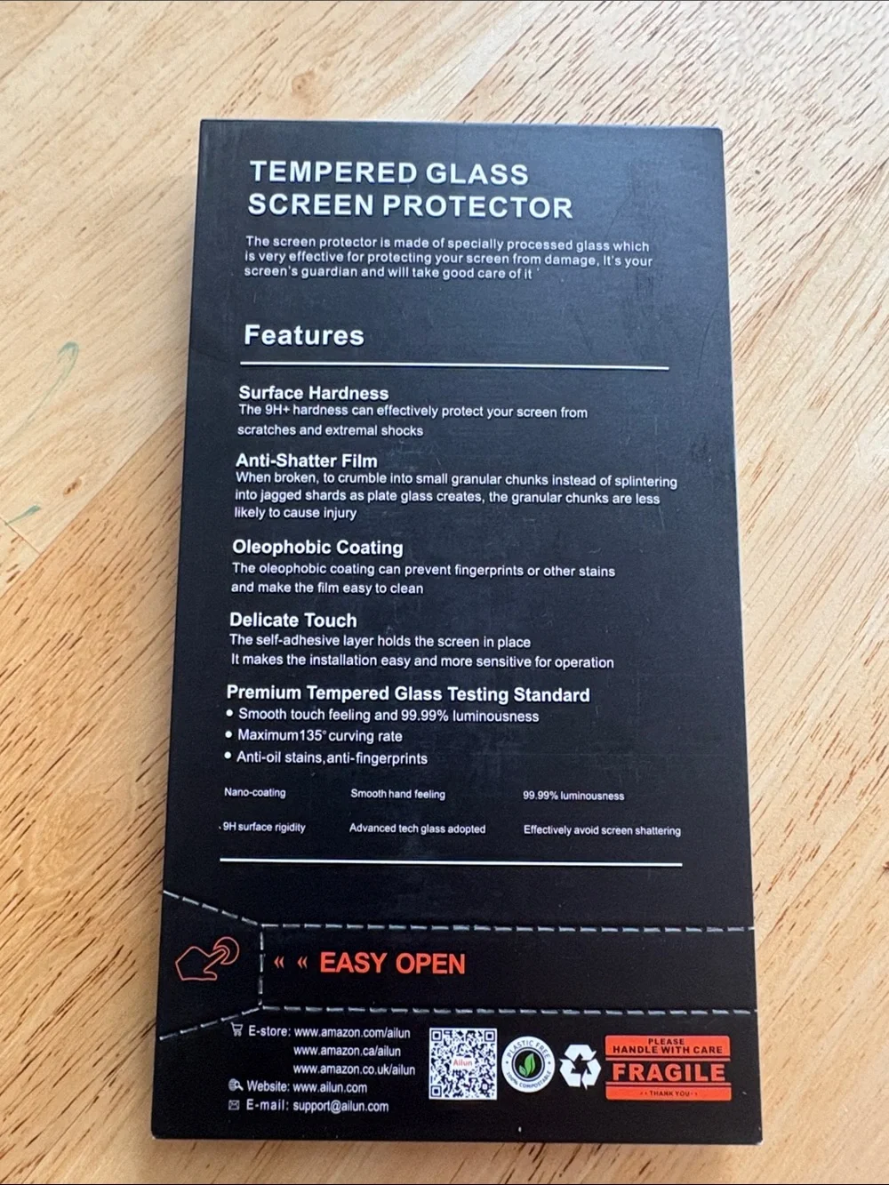 Ailun Black and Orange Tempered Glass Screen Protector Packaging
